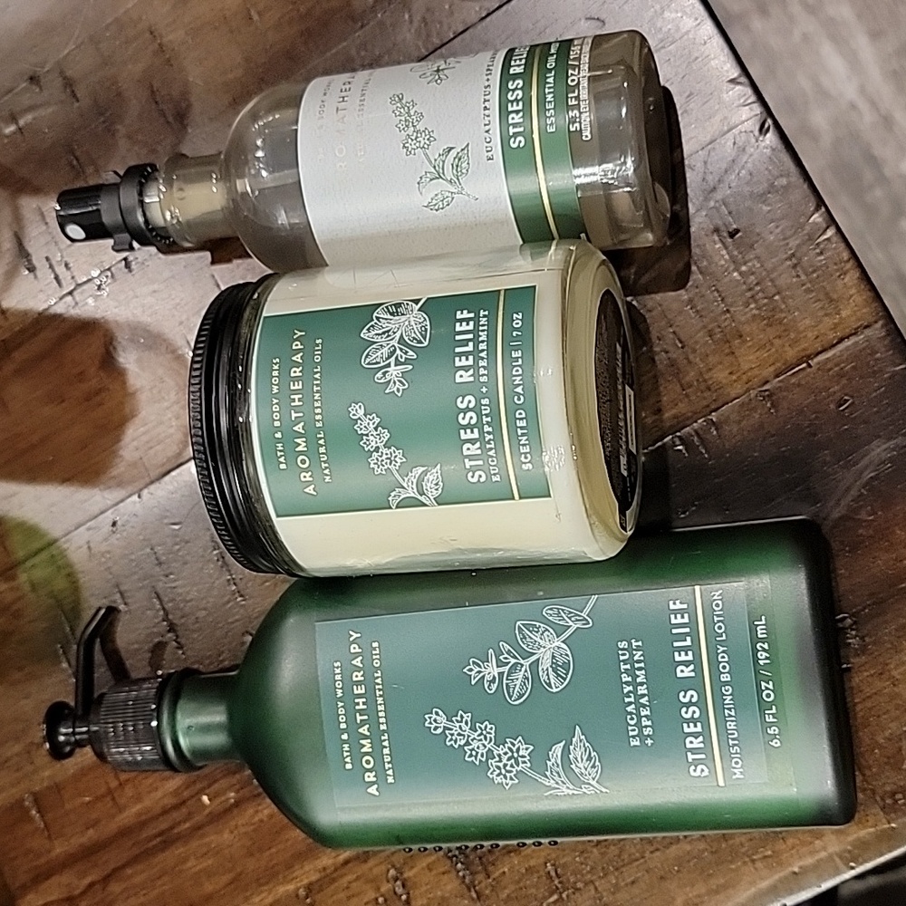 STRESS RELIEF AROMATHERAPY LOTION, OIL MIST, CANDLE